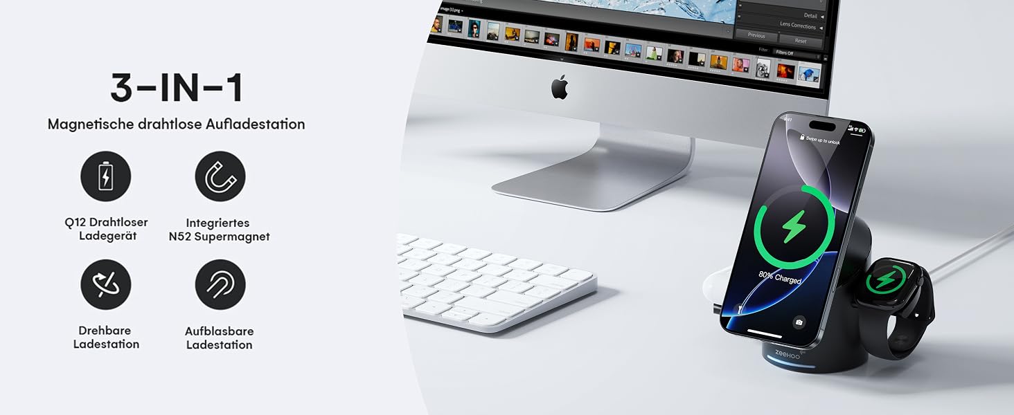 Зарядний пристрій 3-в-1 ZEEHOO MagSafe для Apple: QI2 бездротова зарядка 15W для Apple Watch, iPhone, AirPods (з адаптером 30W) - Чорний