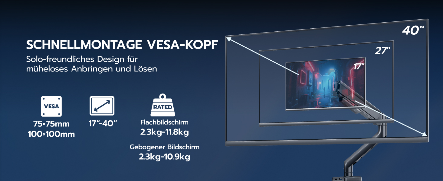 Кронштейн для монітора ARES WING для плоских та вигнутих екранів 17'-40', регульований по висоті, навантаження до 12 кг, VESA 75/100 мм, чорний, один рукав