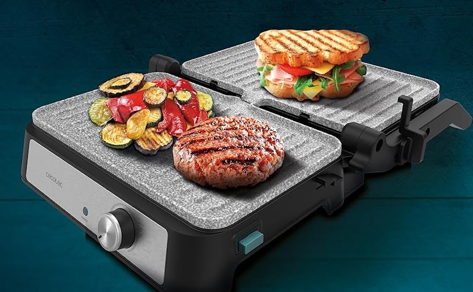 Електричний гриль Cecotec Rock'n Grill 1500 Take&Clean Stone. 1500 Вт, покриття RockStone, знімні та миючі пластини, 180° відкриття, плаваюча верхня пластина