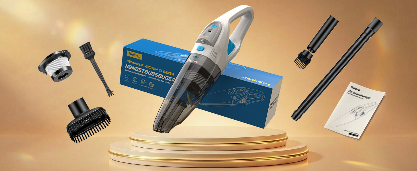 Акумуляторний пилосос Topipop Handstaubsauger 25000Pa з HEPA-фільтром для дому, авто, шерсті тварин (білий)