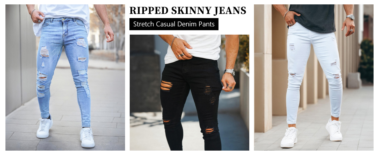 Чоловічі рвані джинси GINGTTO Skinny Stretch Denim Slim Fit, чорні, 32W/30L