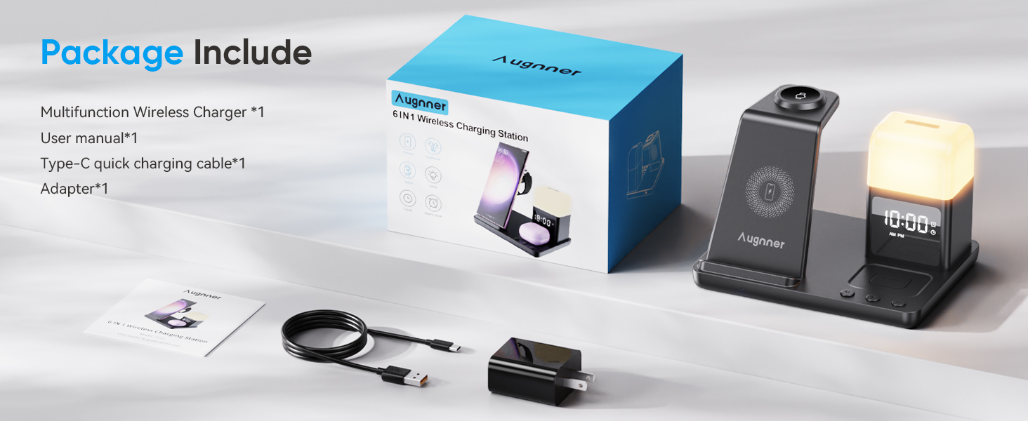 База для бездротової зарядки 6-в-1 з годинником та нічником для Samsung Galaxy (15W, чорний)