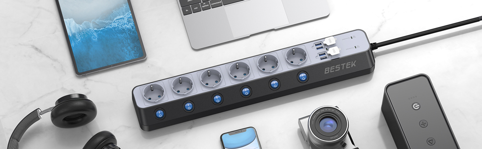 BESTEK Розподільник розеток 6-fach з USB, захист від перенапруги 900 Дж, настінний, з вимикачем, синьо-білий, кабель 3 м