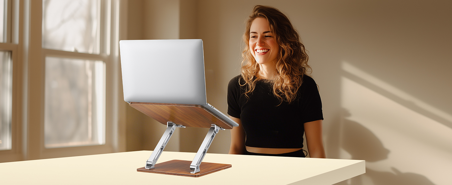 Регульований підставка для ноутбука: алюміній та дерево, складна, сумісна з MacBook, HP (10-16 дюймів)