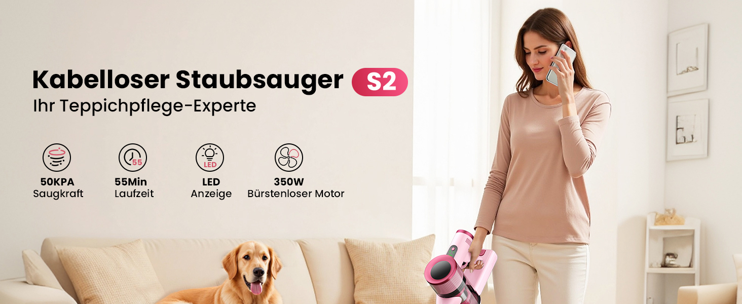 Бездротовий пилосос Dzaki 50000Pa з акумулятором, дисплеєм, функцією паркування та насадкою Anti-Tangle для килимів, твердих поверхонь, шерсті тварин та авто (помаранчево-рожевий)