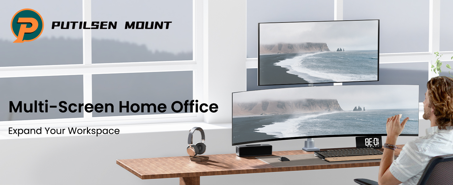 Кріплення для моніторів Halterung - 2 шт. один над одним, для моніторів 24-57 дюймів (плоских та вигнутих), вантажопідйомність 2-27 кг на кріплення, регулювання висоти, 2 варіанти монтажу/VESA 75/100 мм (білий)