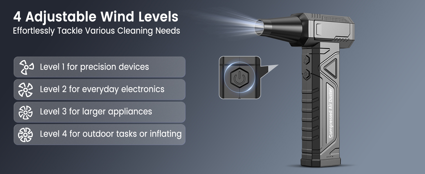 Електричний пилодув для ПК та приміщень - Air Duster 200000 RPM, 4-рівні, акумуляторний, чорний