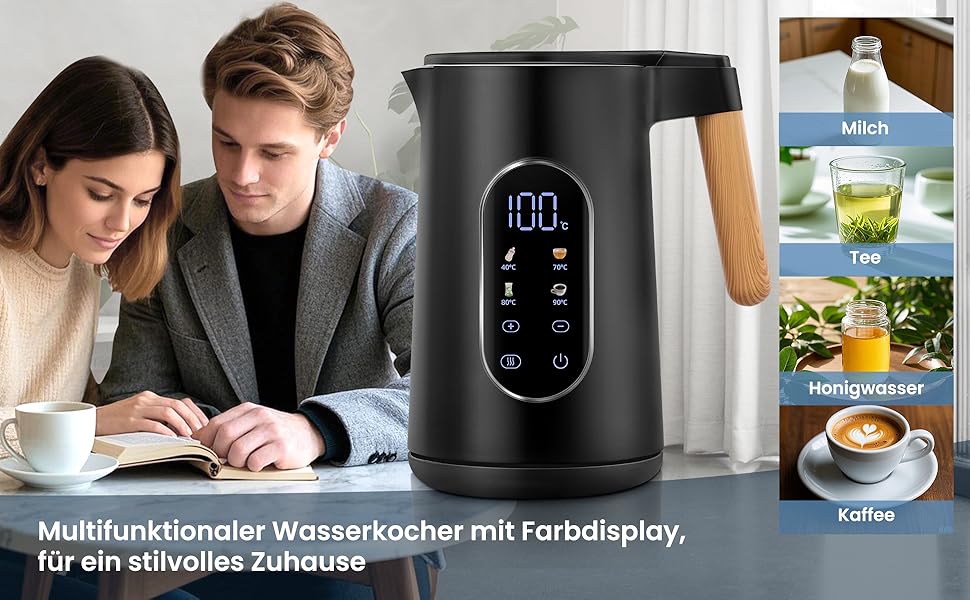Електричний чайник VORSCH з нержавіючої сталі, 1,7 л, 2200 Вт, регулювання температури, підтримання тепла, захист від сухого кипіння, LCD-дисплей, поворотна база 360°, подвійні стінки, BPA-free, чорний з дерев'яною ручкою