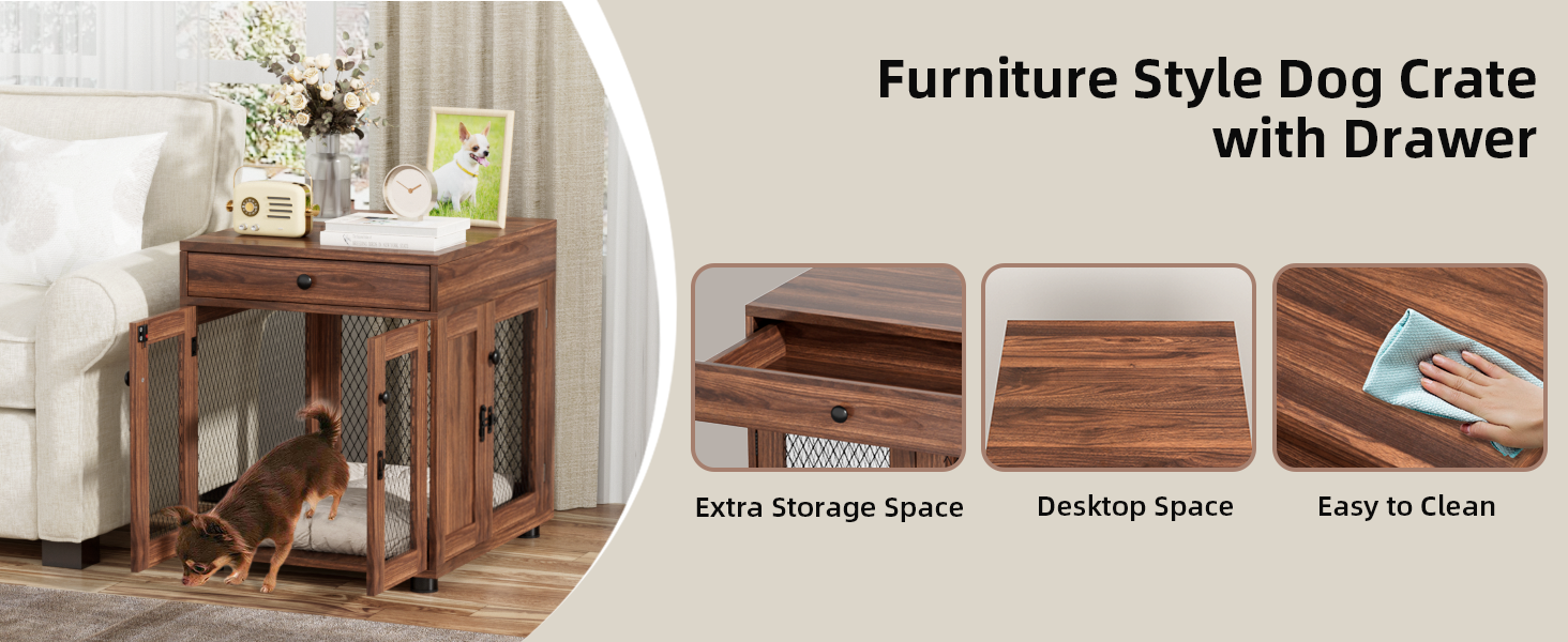 Клітка для собак VOWNER з дерева, 3 двері, з ящиком, 51x60x62 см, для собак до 20 кг, горіховий колір