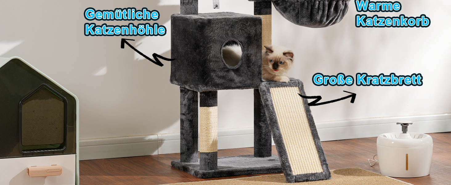 Котячий будиночок Hey-brother Kratzbaum 108 см, багатоярусний котячий комплекс з когтеточками, рампою, кошиком, будиночком та іграшкою-помпоном (димно-сірий), MPJ007SW