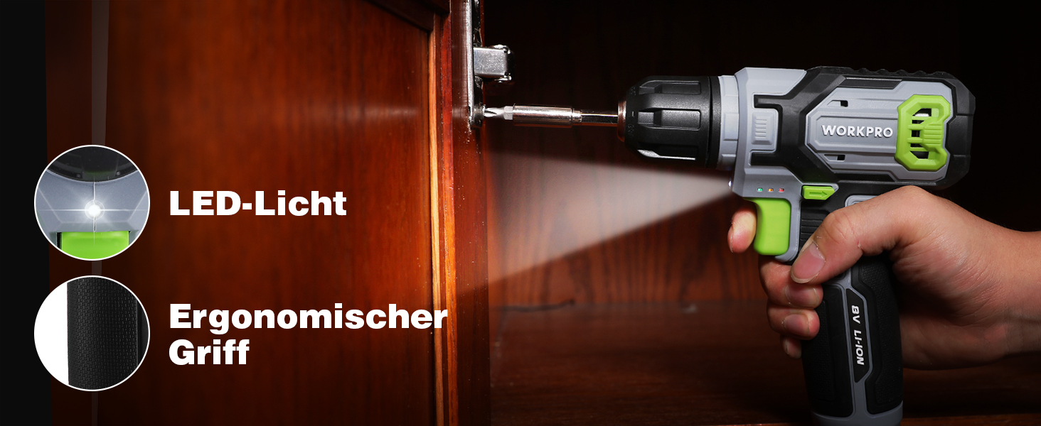 WORKPRO 8V Акумуляторний дриль-шуруповерт, комплект з кейсом, 2000 mAh, 10 мм патрон, 12 Н·м, LED, 21 шт. аксесуарів, для ремонту та DIY, сірий & зелений