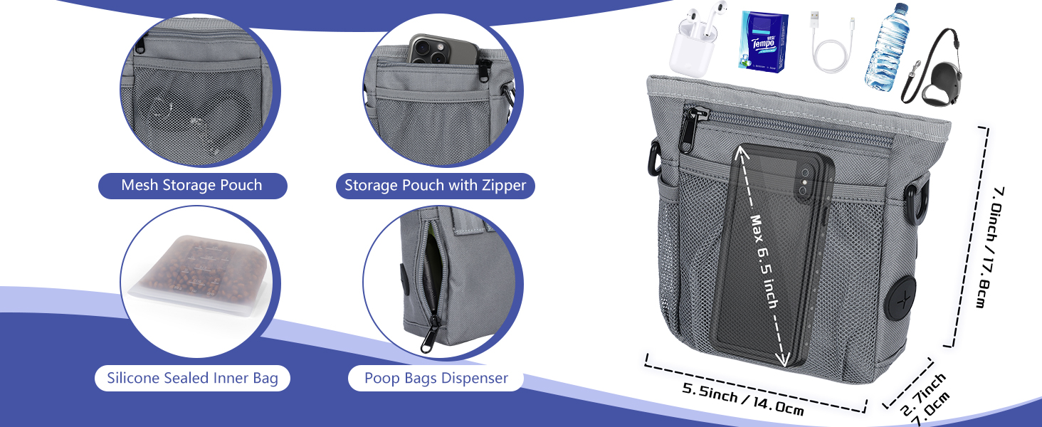 Набір для собак: сумка для ласощів, клікер, диспенсер для відходів, сумка на пояс (сіро-зелений внутрішній кишеньковий відсік)