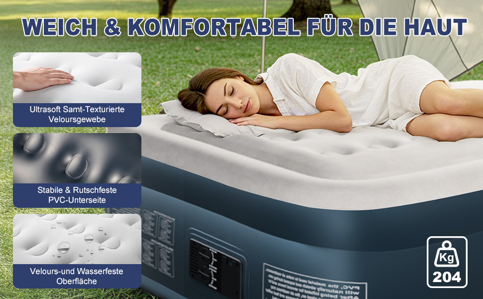 Надувний матрац LEADZM для 2 осіб з електронасосом, 203x152x46 см, сірий. Самороздувний, флок + PVC, вантажопідйомність 295 кг