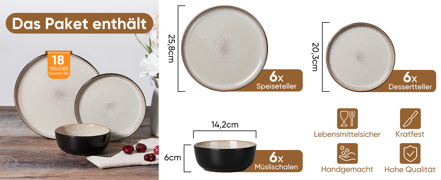 Набір посуду HaWare на 6 осіб, 18 предметів: тарілки, десертні тарілки, миски. З реактивною глазур’ю, стійкий до миття в посудомийній машині та використання в мікрохвильовій печі, бежевий колір.