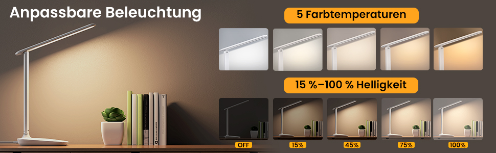 LED лампа настільна диммерна з 5 кольорами, регулювання яскравості 15%-100%, захист очей, USB-зарядка, таймер, сенсорне керування, для дітей, спальні, читання, офісу