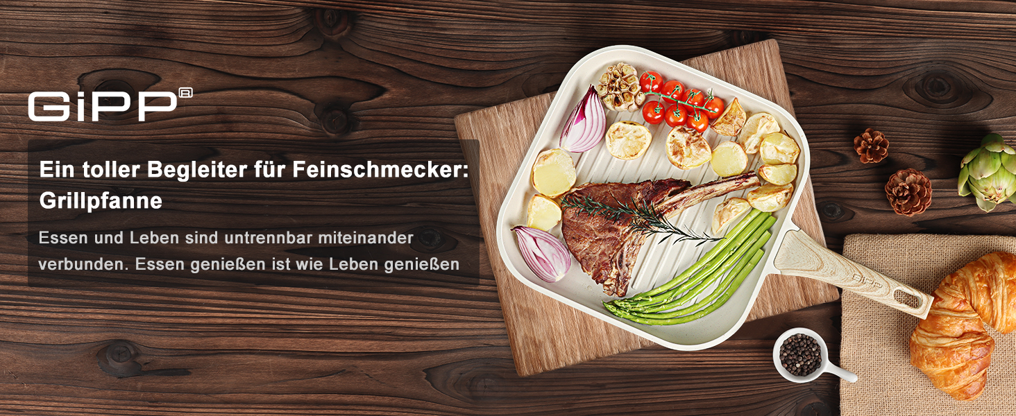 GiPP Гриль-сковорода 28x28 см для стейків, алюмінієва з гранітним антипригарним покриттям, індукція, без PFOA, для всіх плит, біла