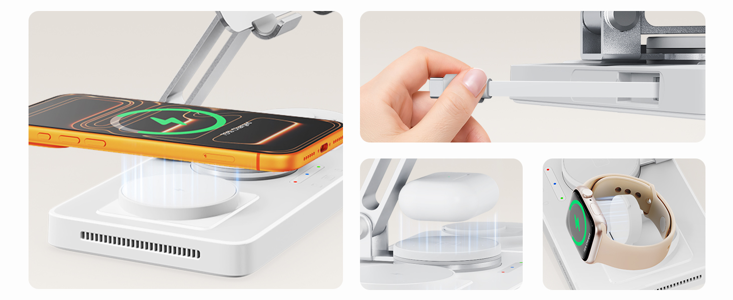 Зарядна станція Geekera 4-в-1 для Apple: кабель для iPad, магнітна бездротова зарядка iPhone Air/12-17, Apple Watch, AirPods (Металевий білий)