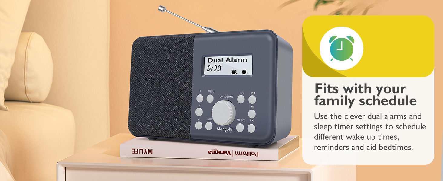 Портативне радіо MD3 DAB/DAB+/FM з Bluetooth, динамік, навушники, 40 станцій, годинник, будильник, таймер, кольоровий дисплей, акумулятор/мережа (Чорний/Сірий)