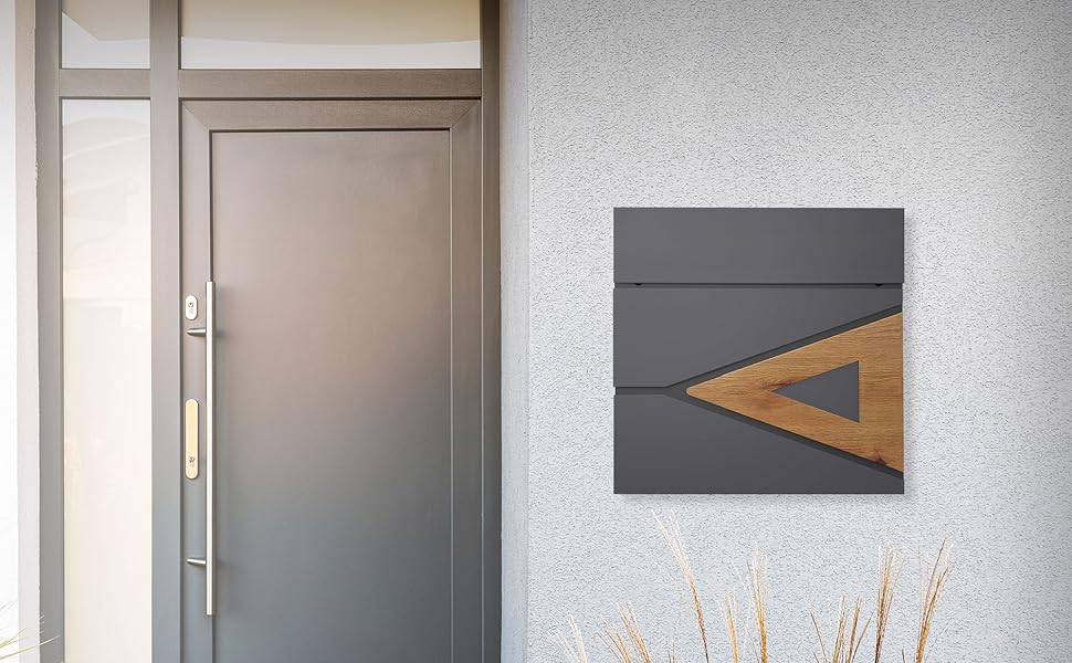 Поштовий ящик ML-Design 37x36,5x11 см антрацит/під дерево, сталевий, з газетницею, замок на 2 ключі, сучасний настінний дизайн