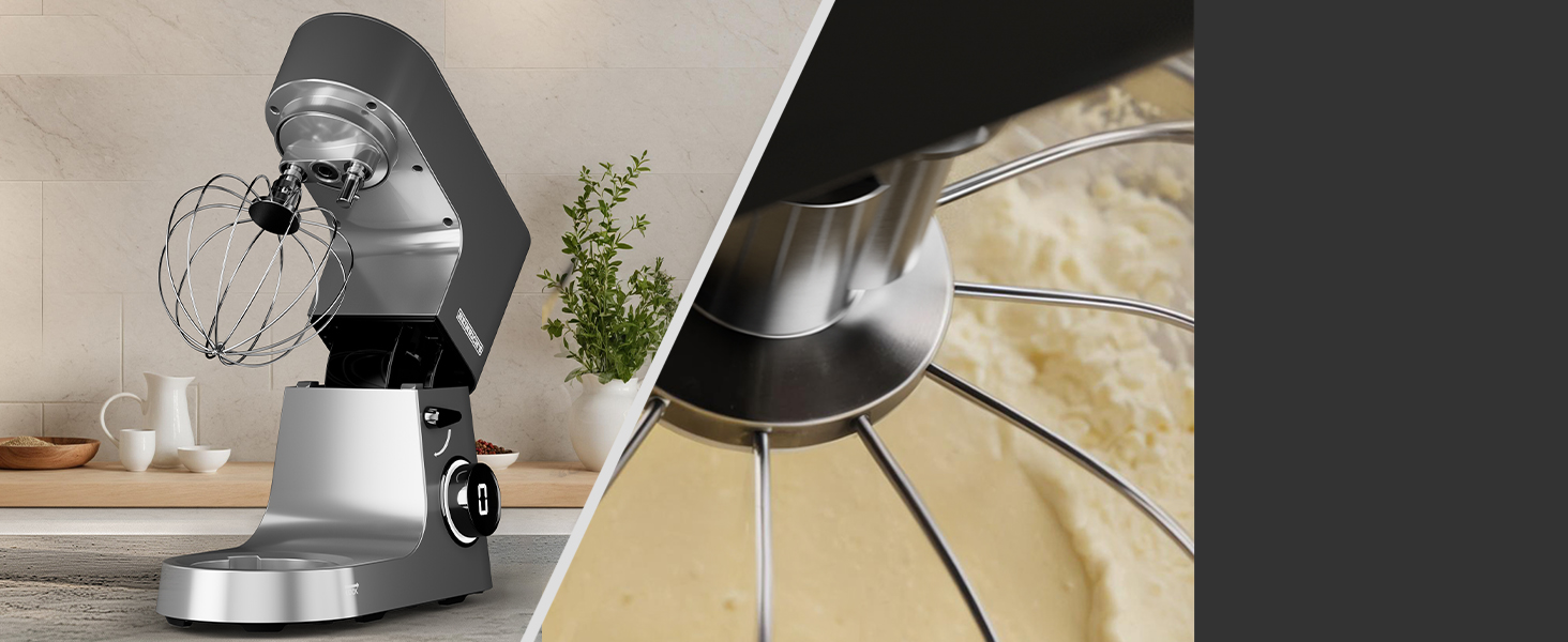 Кухонна машина Heinrichs 2500W з двома гаками для тіста, міксером та вінчиком, 8 швидкостей, чаша 7л з нержавіючої сталі, тиха, з титановим покриттям