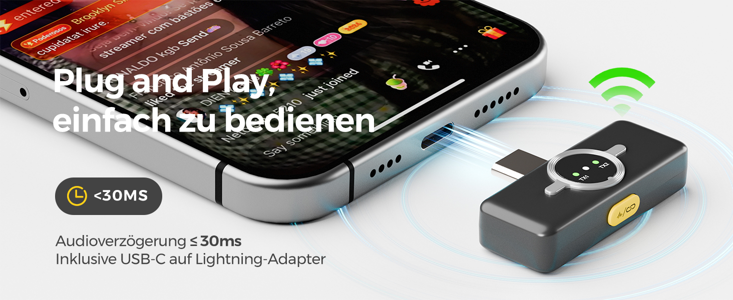 NearStream Бездротовий петличний мікрофон для iPhone/Android, AWM25T, Lightning/USB-C, шумозаглушення, 24 години роботи, для стрімінгу, влогів, подкастів