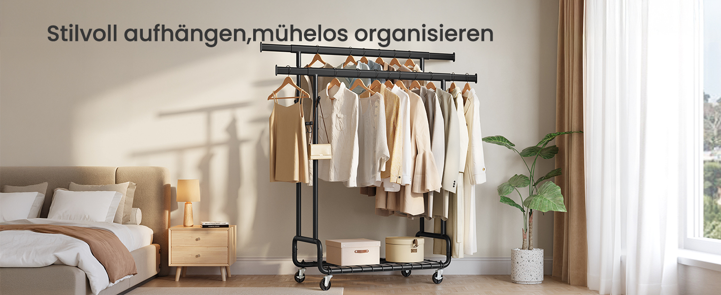 SONGMICS Стійка для одягу на коліщатках, важка, з 2 висувними штангами, регульована висота, з полицею та гачками, чорний HSR015B01