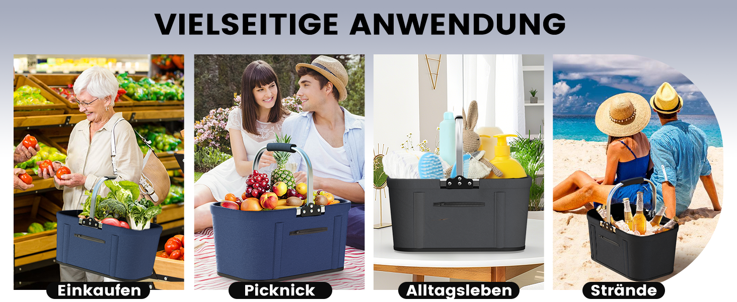 Складаний кошик для покупок 30L з 4 стійками | Міцний кошик для перенесення та пікнік | Великий кошик для сім'ї (46x27x25cm) | З м'якими ручками | Для покупок, подорожей, кемпінгу (Чорний)