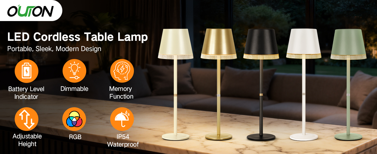 Настільна лампа LED акумуляторна бездротова OUTON з RGB підсвіткою, димуванням та сенсорним керуванням, чорна (2 шт)