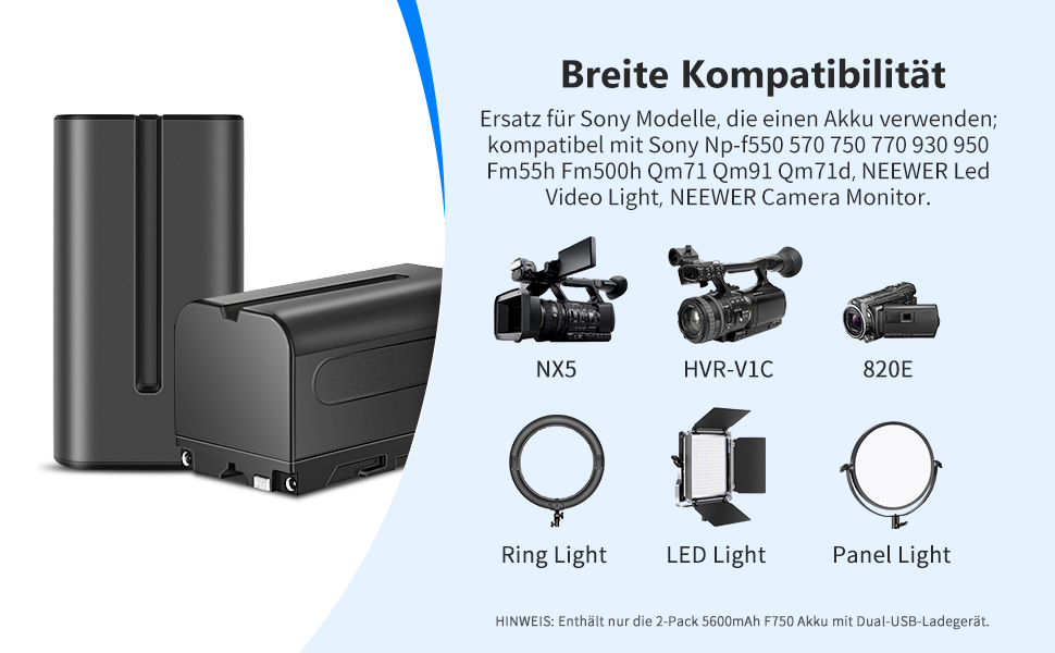 NEEWER NP-F750 5600mAh акумулятор з USB-зарядним пристроєм, сумісний з Sony NP-F550/750/970 та ін.