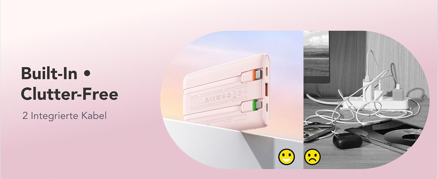 Повербанк VEGER 10000mAh 22.5W з вбудованим кабелем USB-C, рожевий