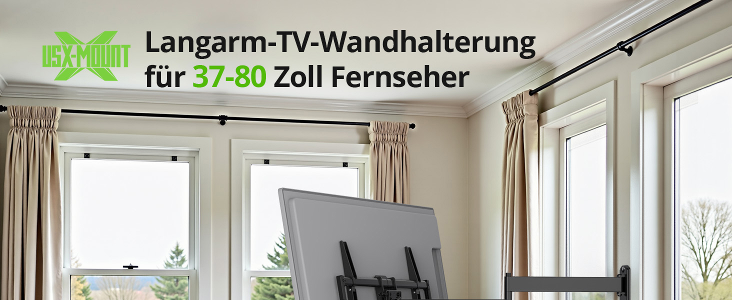 Кріплення для телевізора USX MOUNT на стіну з подовженою балкою, для LCD/LED/OLED телевізорів 37-80 дюймів, витягування 814 мм, регульоване нахилом та поворотне на 180°, VESA до 600x400 мм, вантажопідйомність до 45 кг, ідеально для кутового монтажу