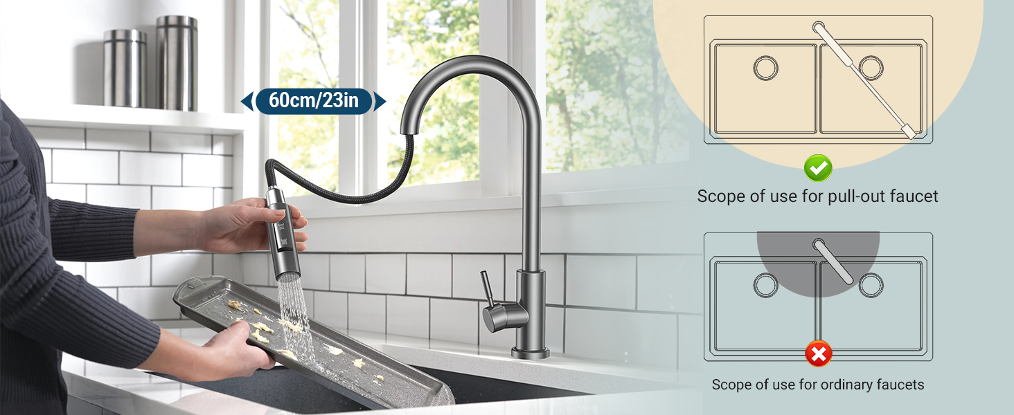 Кухонний змішувач Wasserhahn з висувною лійкою, поворотний на 360°, 2 функції, однорідний, для кухні (сірий)