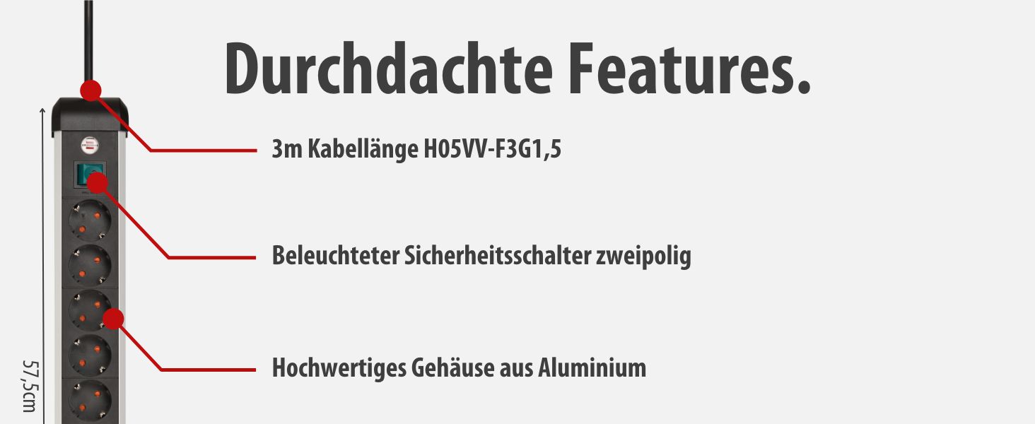 Бренненштуль Розподільник розеток Premium-Alu Line 10 розеток з вимикачем, 3м кабель, Алюміній, Made in Germany