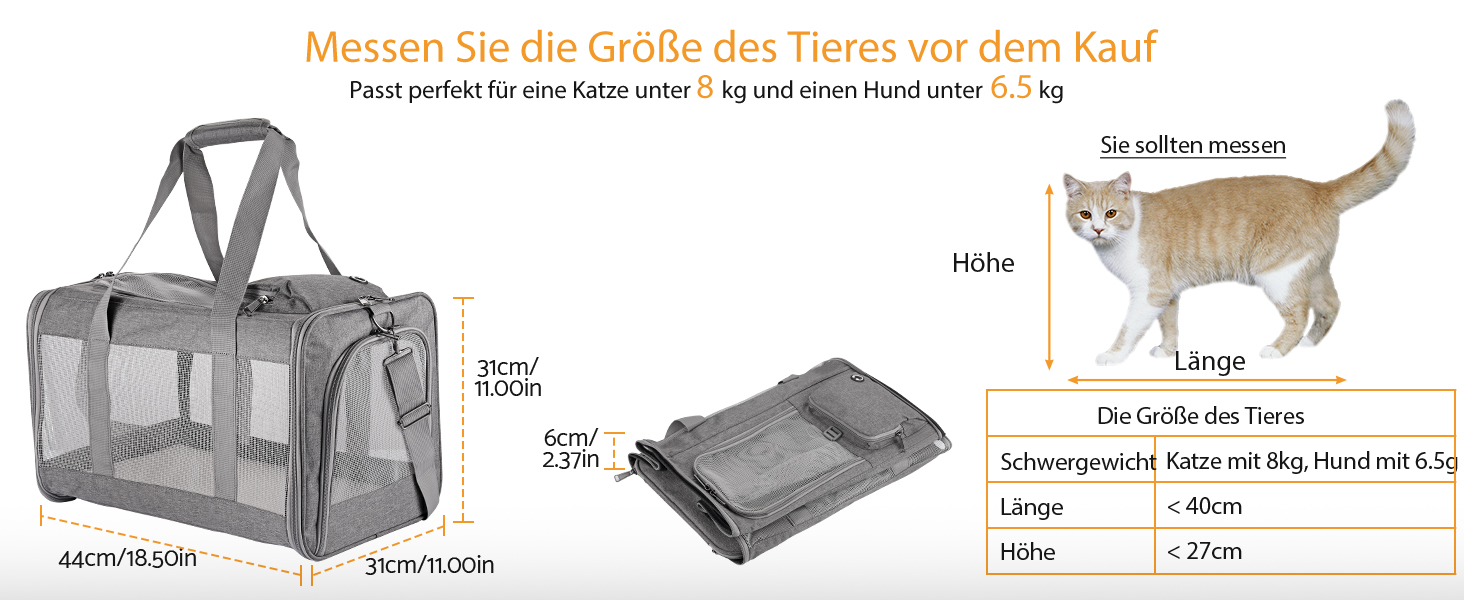 Складана переносна переносна коробка для собак та котів - переносна собача сумка для транспортування до 4 кг собак та 5 кг котів для подорожей та автомобіля | 40x16x32 см (Сірий, Розмір L 44 x 31 x 31 см)