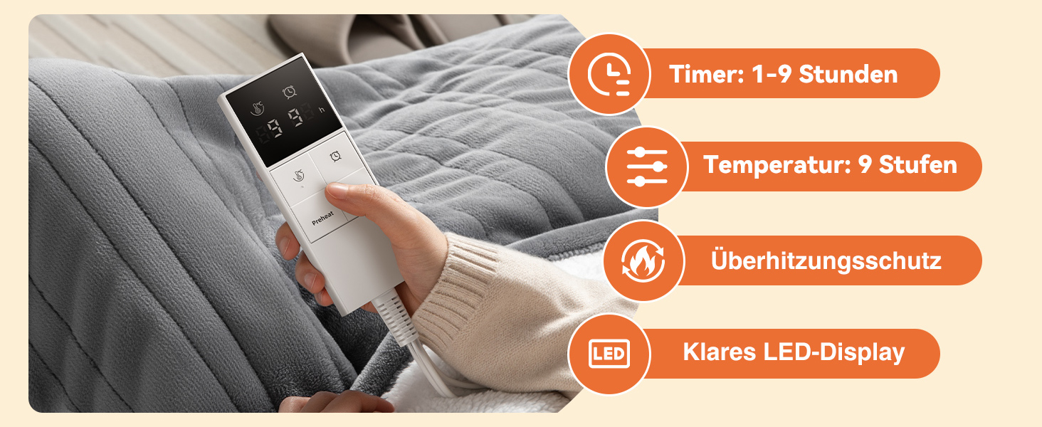 Електрична гріюча ковдра з 9 зон нагріву, таймером та функцією пам'яті, 160x120 см. Двостороння фланель та штучне хутро. Для 1 особи/дивану