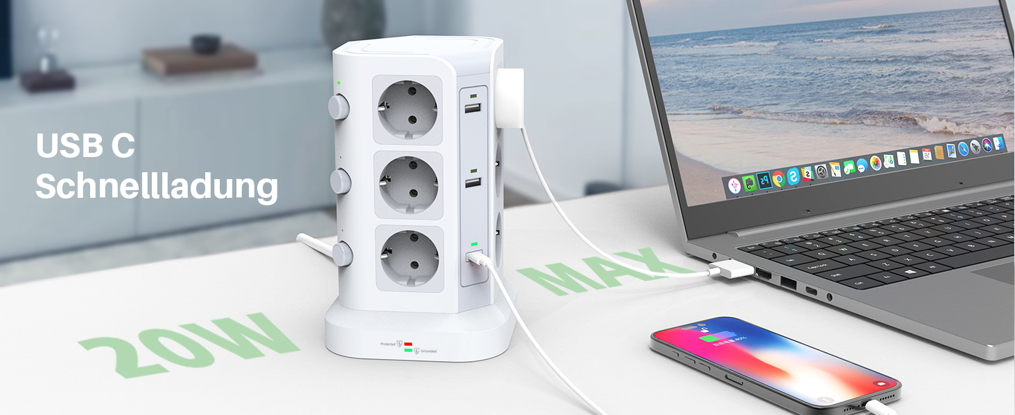 Стедова вежа KOOSLA з 12 розетками, захистом від перенапруги (4000W/16A), 6 USB-портів (20W USB-C), 2м, для офісу, кухні, столу (білий)