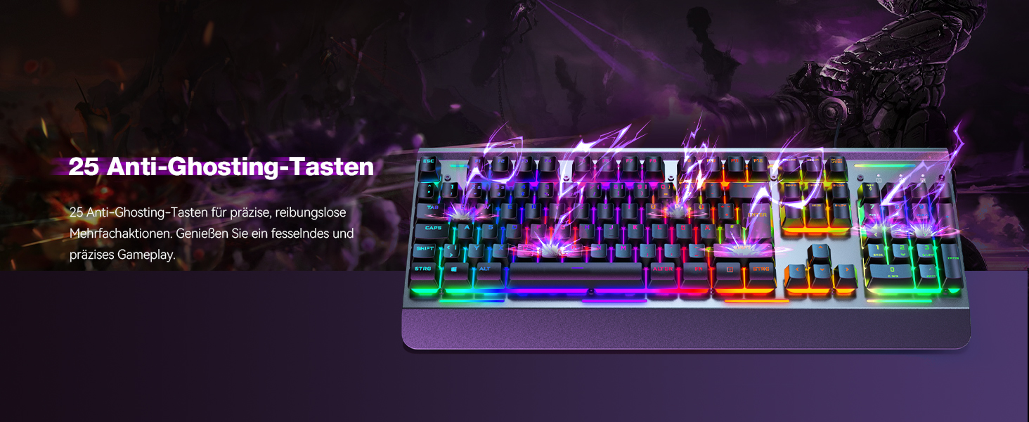 TECKNET RGB ігрова клавіатура для ПК, мембранна, 105 клавіш, повний металевий корпус, підставка для зап'ястя, 15 зон RGB підсвічування, 25 антиблінд, клавіатура для комп'ютера, німецька розкладка (QWERTZ)