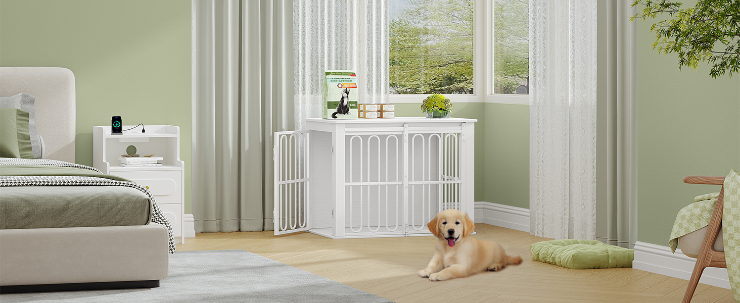 Дерев'яний вольєр для собак, 81 см, переноска для собак, клітка з 2 дверцятами, розсувні двері, для маленьких та середніх собак, міцний, з функцією столику, 81 × 55 × 62,4 см, білий