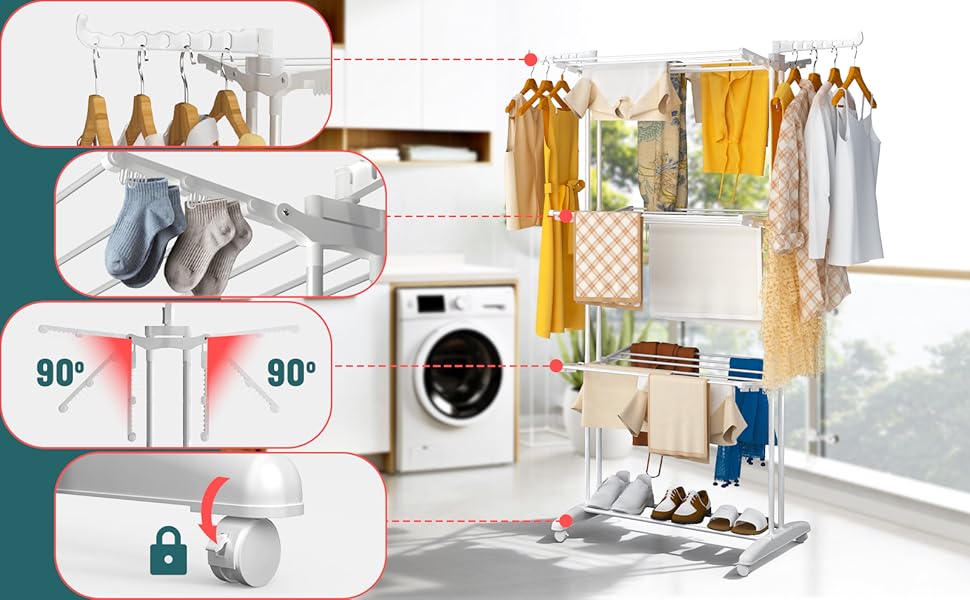 Внішній та внутрішній сушильний стелаж для білизни Vounot® з 4 ярусами, 125x62x173 см, з колесами та розкладними крилами