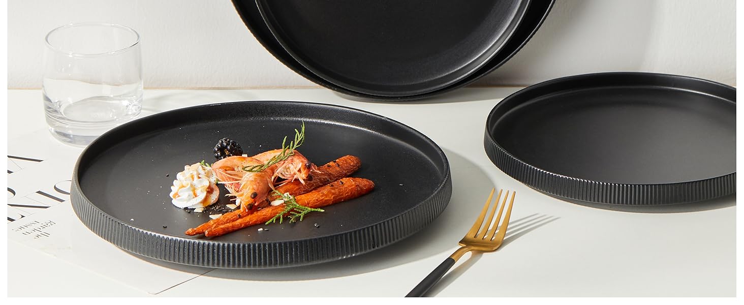 Набір посуду Jiwoo на 4 особи (12 предметів): тарілки, миски, десертні тарілки, Bone China, чорний матовий, для мікрохвильовки та посудомийної машини