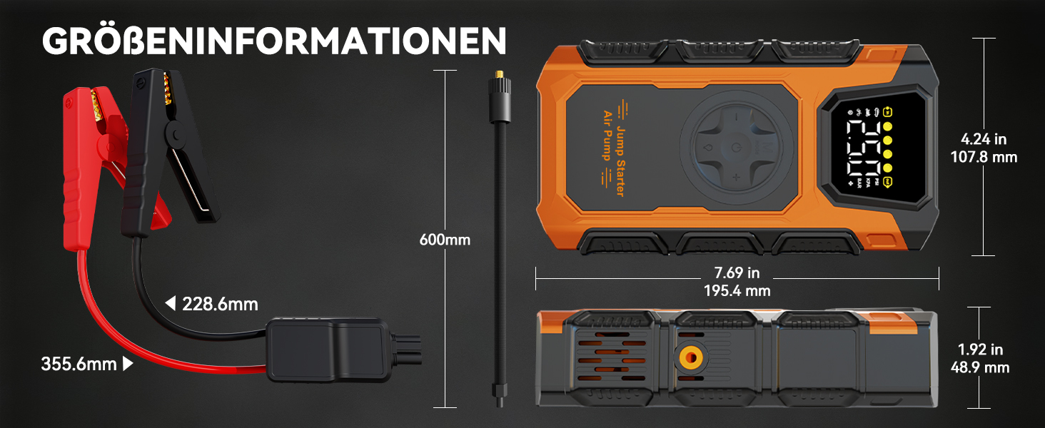 Powerbank для автомобіля Starthilfe 6000A з компресором 150PSI, 12V, для бензинових та дизельних авто (до 10л), QC3.0, LCD, ліхтарик