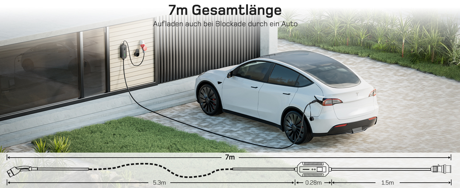 Мобільна зарядна станція/Wallbox Dé 11 кВт (3-фазна) з регульованою потужністю, кабель CEE 16A на Typ 2, сумісна з Model Y/3, ID.3/4/5, MG4, EX30, e-up, e-tron, Zoe та інші електромобілі
