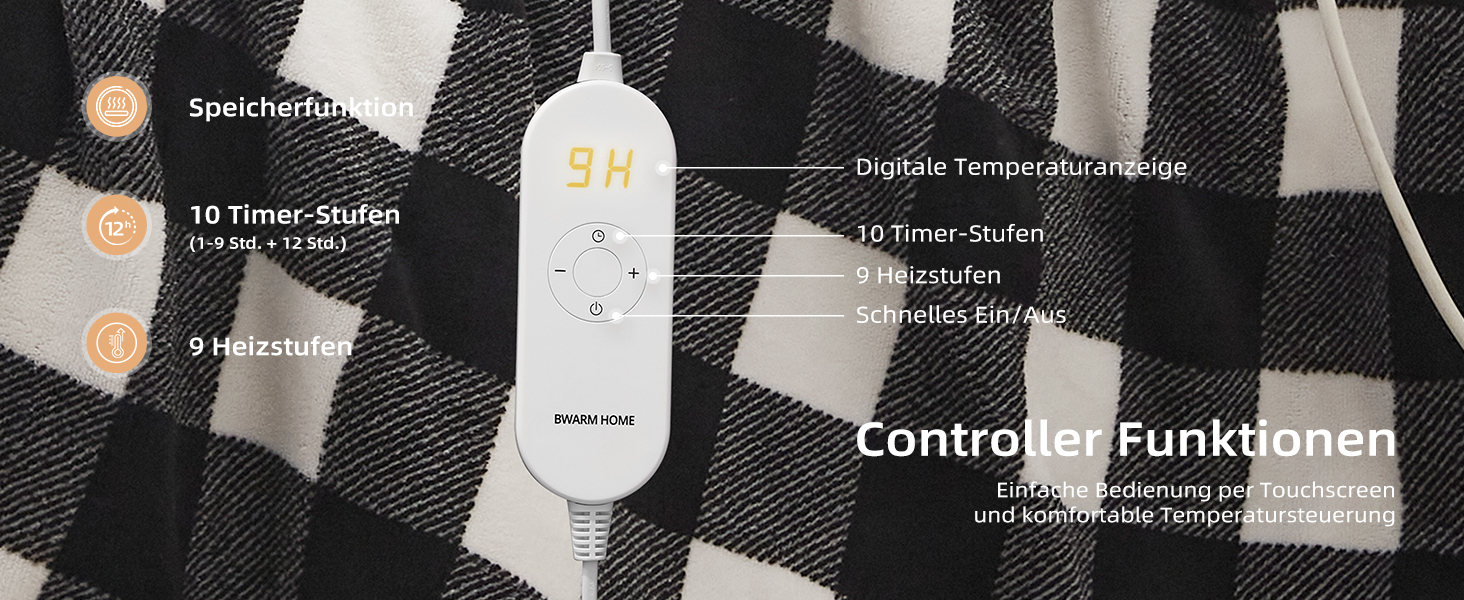 Електрична ковдра з підігрівом 130x180 см з таймером та захистом від перегріву. 9 рівнів нагріву, функція пам'яті. Для спальні, офісу. Чорно-білий візерунок.