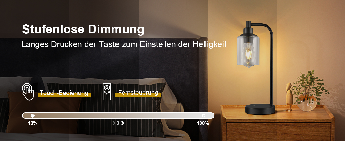 Акумуляторна настільна лампа бездротова з пультом, сенсорне регулювання яскравості, скляний плафон, нічник для спальні та вітальні, чорна