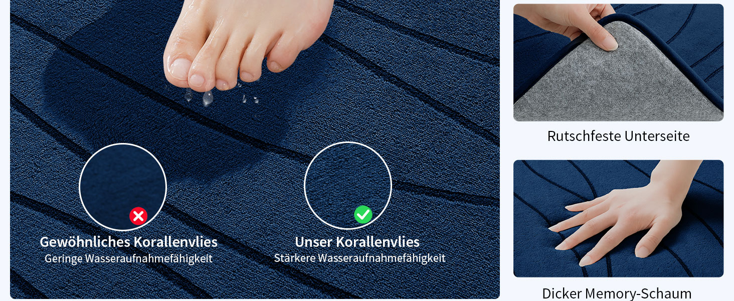 Килимок для ванної кімнати chakme з ефектом пам'яті (Memory Foam), протиковзкий та вбираючий підкладник під душ, 60x150 см, темно-синій