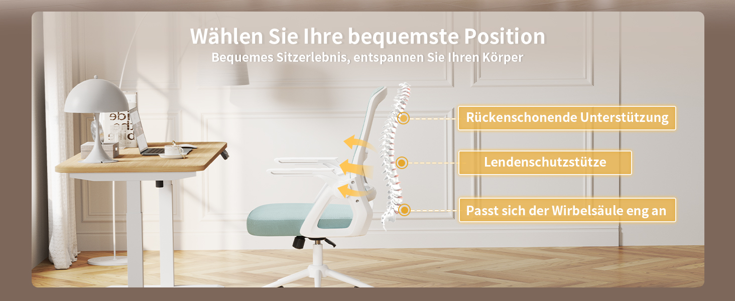 Офісний стіл Naspiro Ergonomischer Bürostuhl, регульований по висоті, з дихаючою спинкою з сітки, відкидні підлокітники на 90° та поперекова підтримка, високощільна піна для дому/офісу (Зелений, без підголівника)