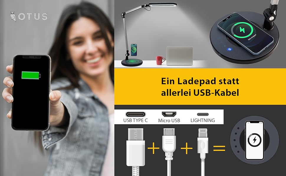 LED лампа для столу OTUS з регулюванням яскравості та бездротовою зарядкою (Qi) | Регульована настільна лампа з 3 кольоровими режимами та 12 рівнями яскравості | Захищає зір для дому та офісу