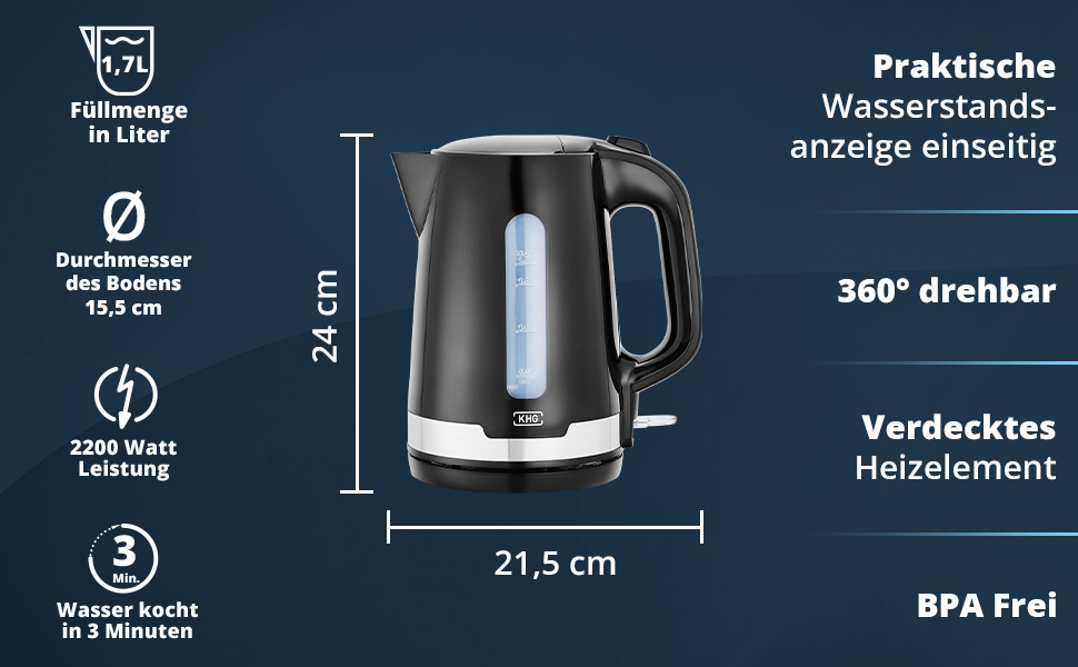 Електричний чайник KHG WK-1708 WE2 з нержавіючої сталі, 1.7 л, фільтр від накипу, індикатор рівня води, захист від сухого кип'яття, автоматичне відключення, прихований нагрівальний елемент, BPA Free, 2200 Вт (Чорний)