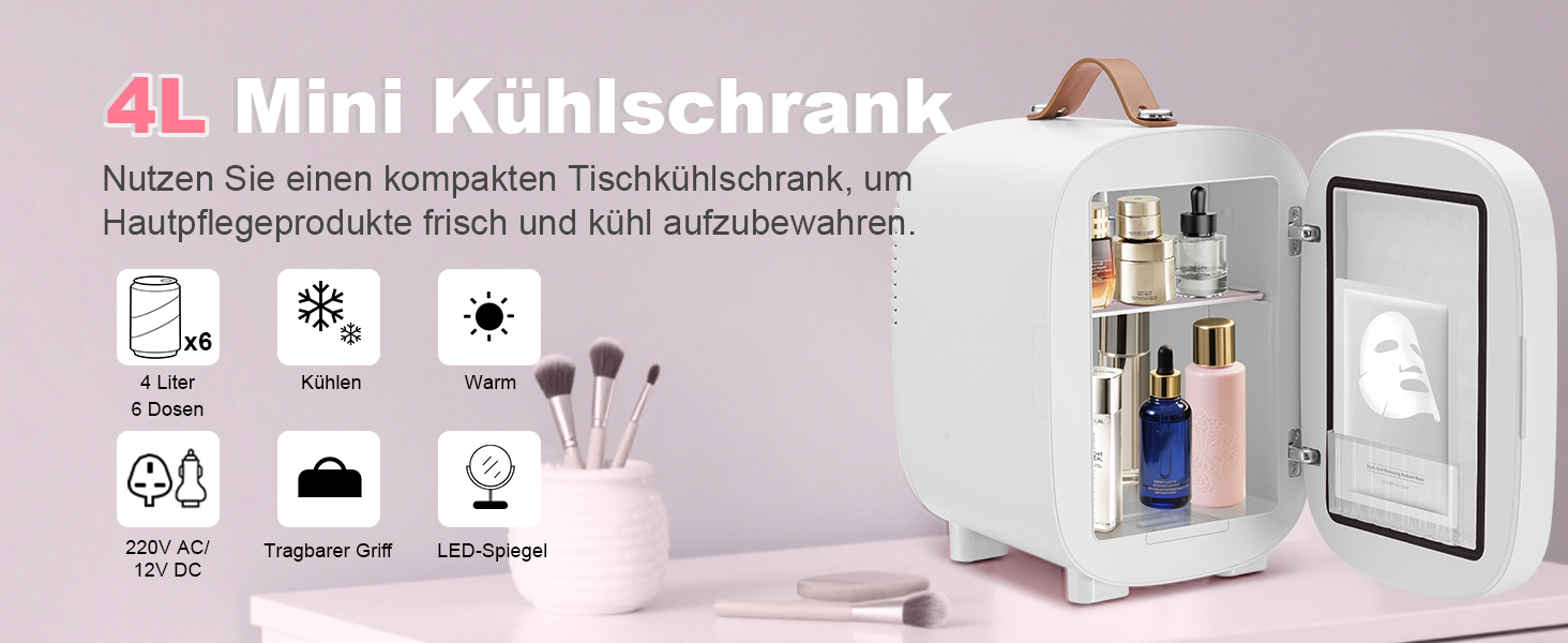 Mini-холодильник Enventor на 6 банок: косметичний холодильник з регульованим LED-дзеркалом, AC+12V DC, охолоджувач та нагрівач для спальні, дому, авто/догляду за шкірою та харчовими продуктами (білий, 4L)