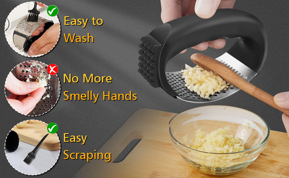 Прес для часнику Wippe з нержавіючої сталі, багатофункціональний, з очищувачем та щіткою для чищення. Підходить для часнику, імбиру та іншого. Можна мити в посудомийній машині.